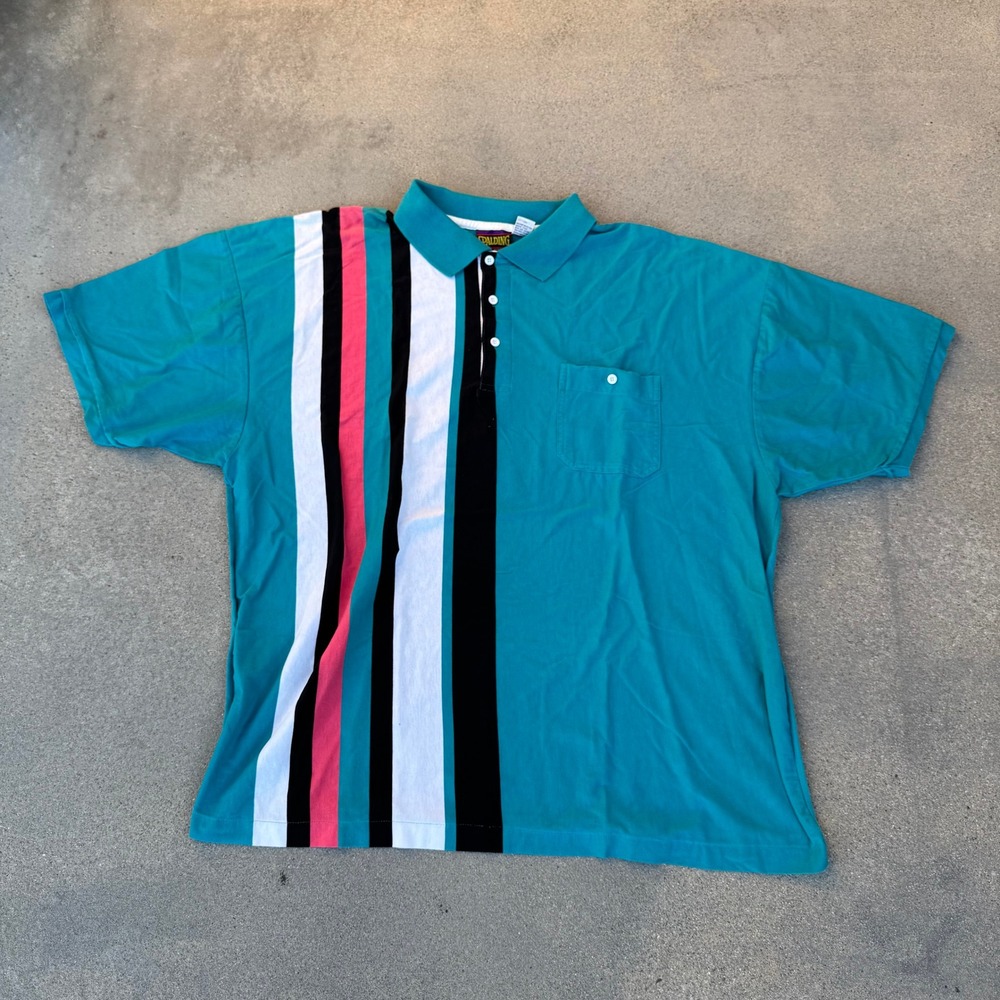 Vintage Spalding Pro Teal Polo Shirt Mens 3X Big Size Striped Retro 90s Sport